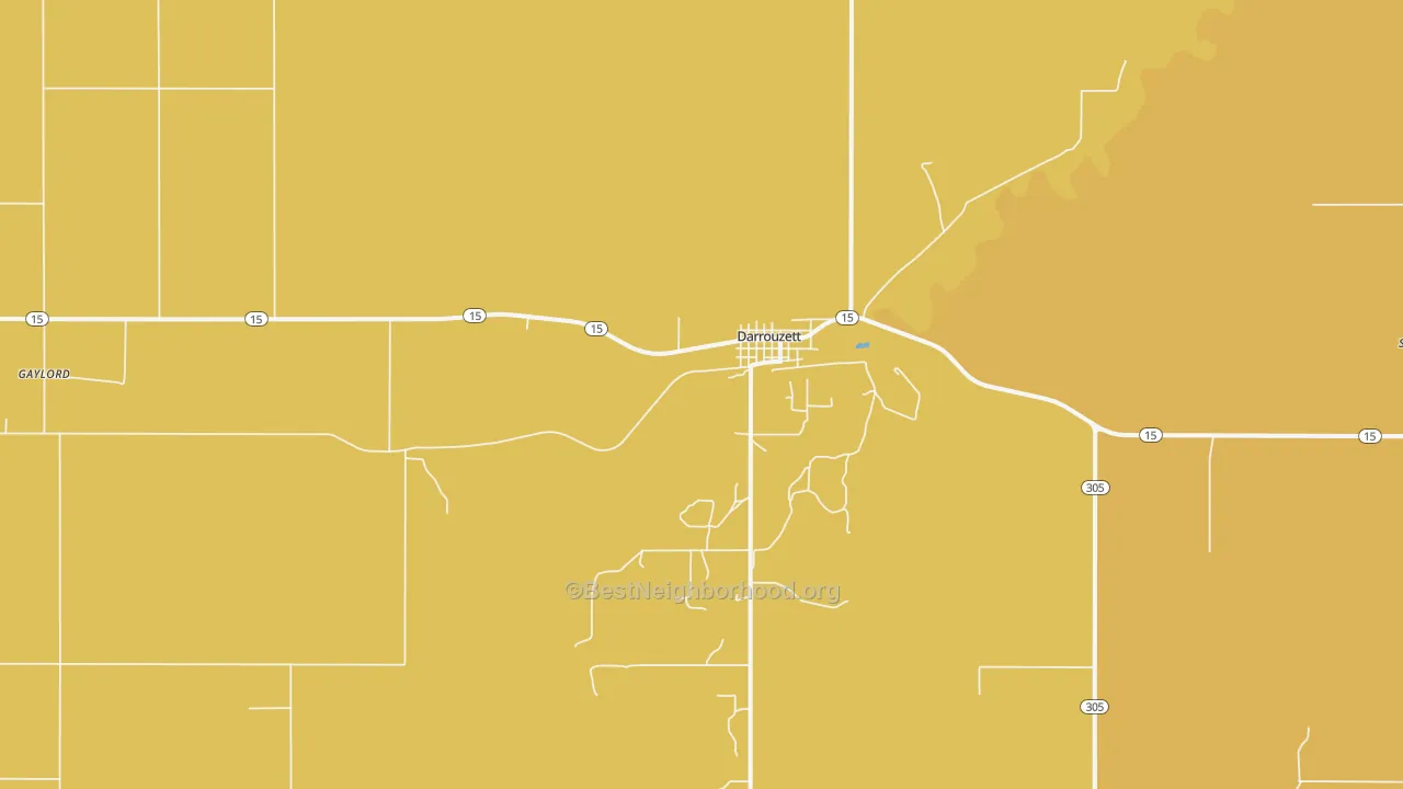 Map of the best neighborhoods in the Darrouzett area, with better matches in green and worse matches in red