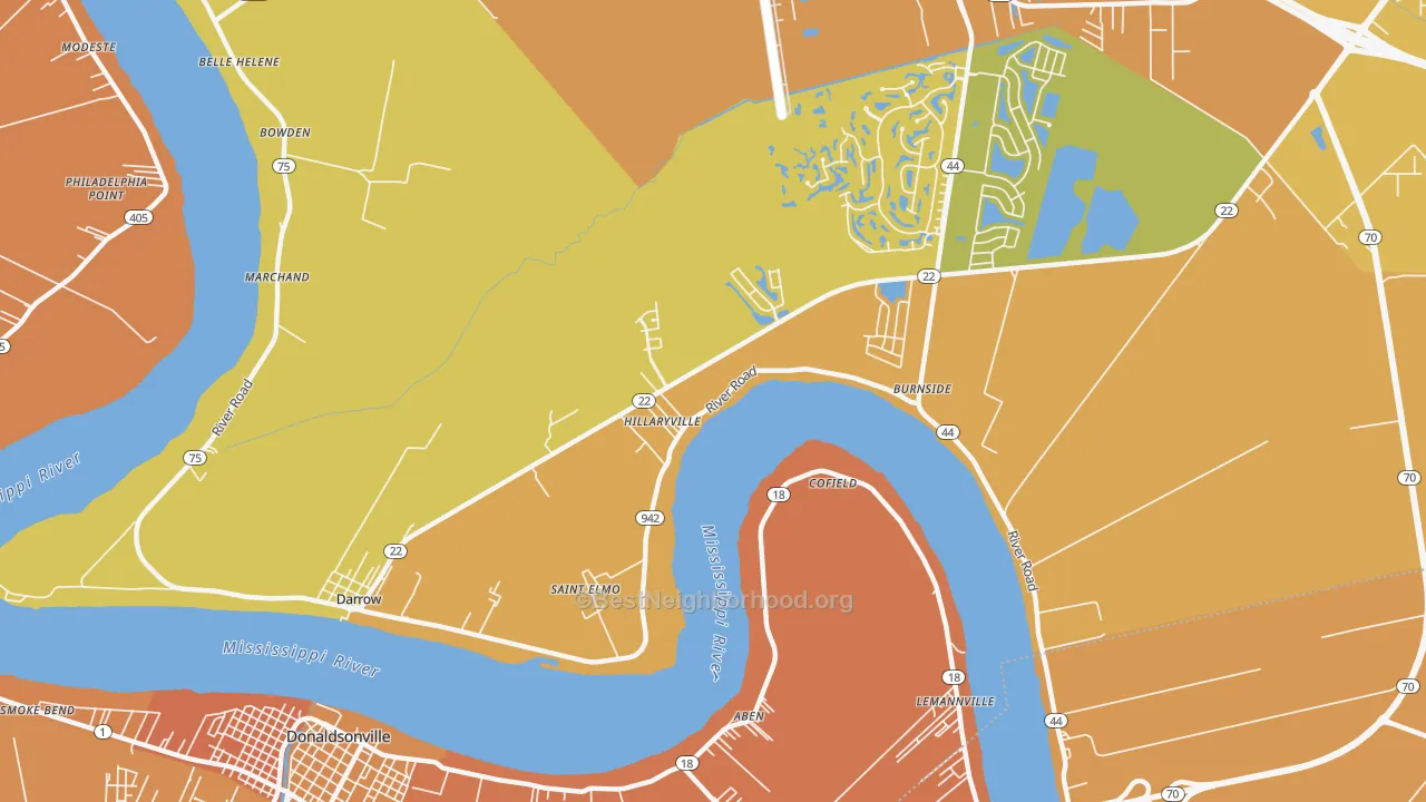 Map of the best neighborhoods in the Darrow area, with better matches in green and worse matches in red