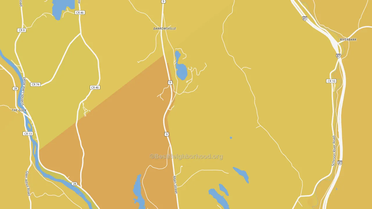 Map of the best neighborhoods in the Darrowsville area, with better matches in green and worse matches in red