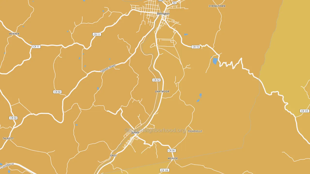 Map of the best neighborhoods in the Dartmoor area, with better matches in green and worse matches in red