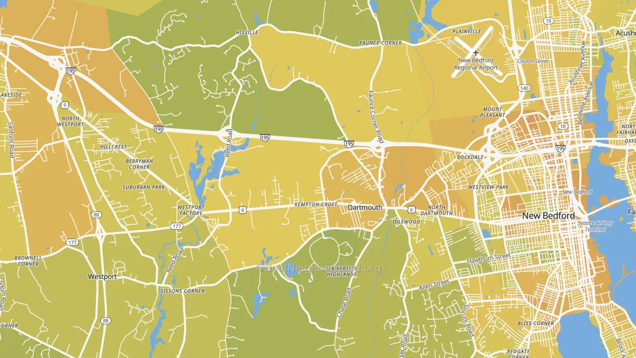Map of the best neighborhoods in the Dartmouth area, with better matches in green and worse matches in red