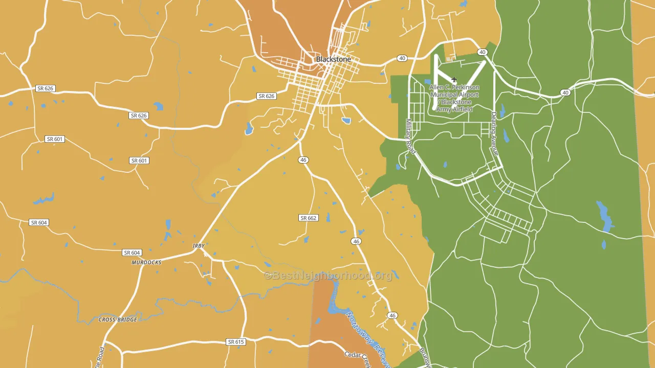 Map of the best neighborhoods in the Darvills area, with better matches in green and worse matches in red