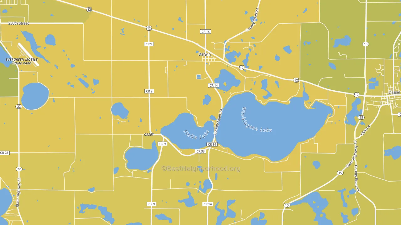 Map of the best neighborhoods in the Darwin area, with better matches in green and worse matches in red