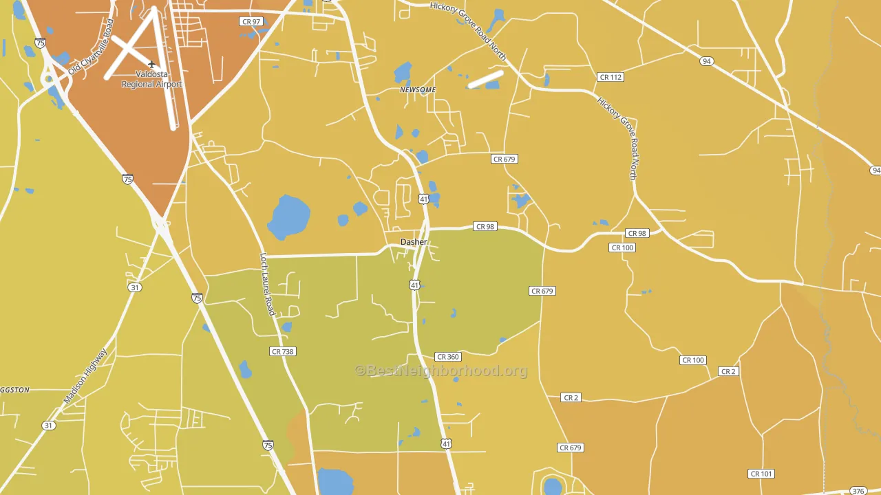 Map of the best neighborhoods in the Dasher area, with better matches in green and worse matches in red