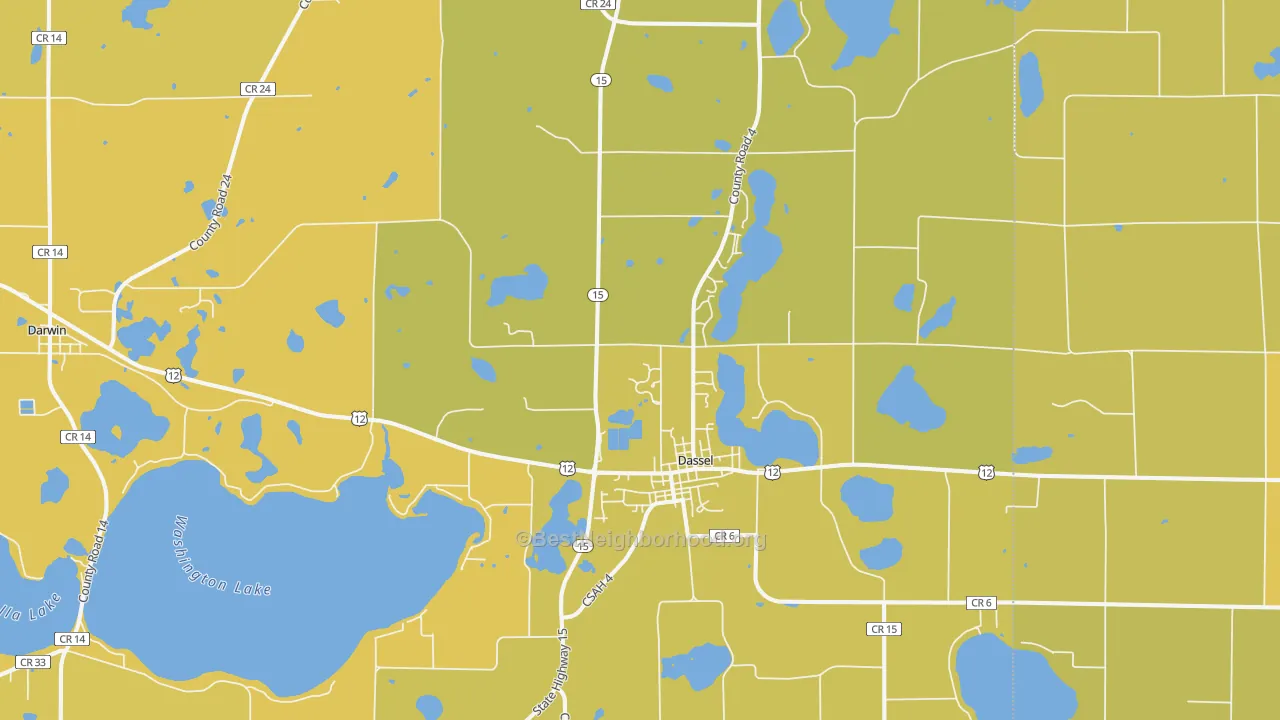 Map of the best neighborhoods in the Dassel area, with better matches in green and worse matches in red