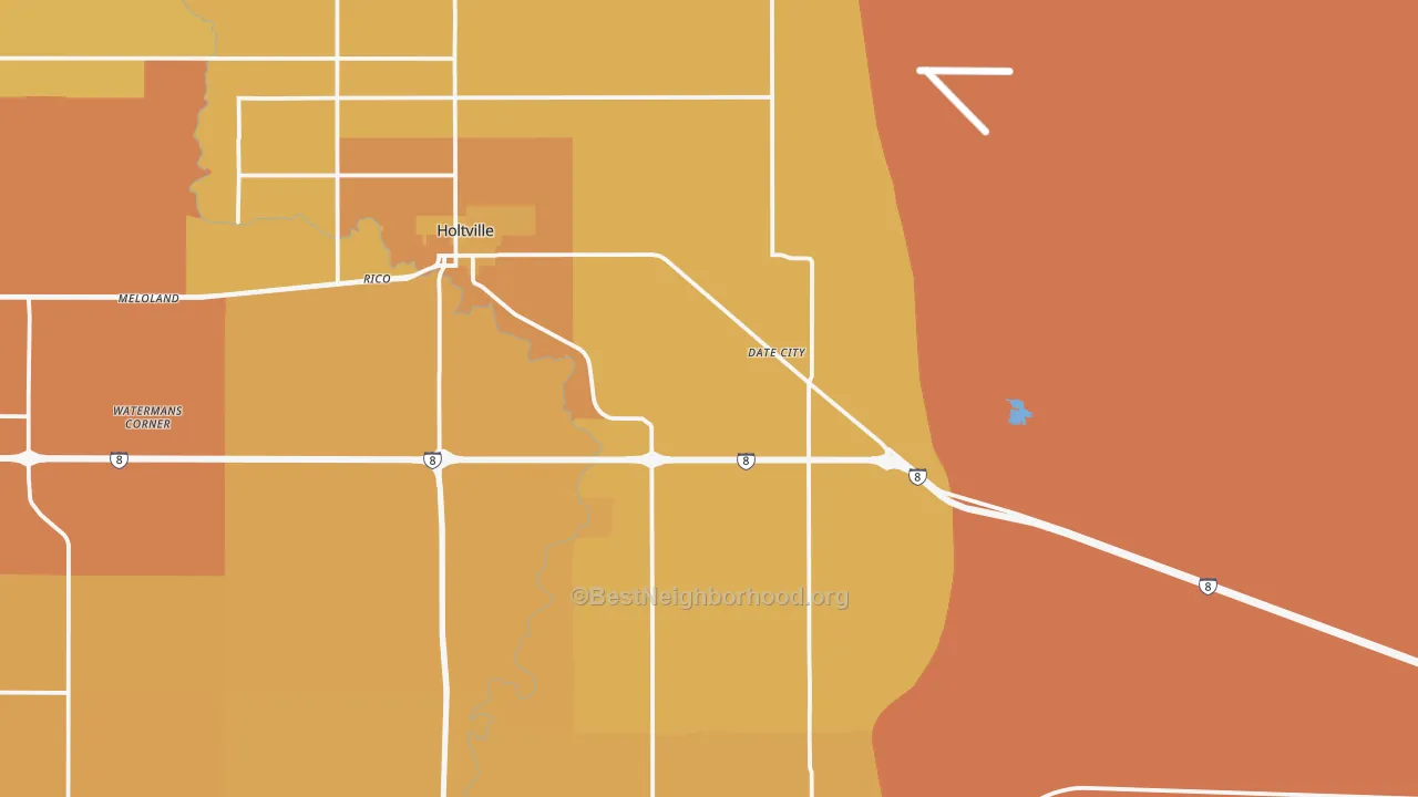 Map of the best neighborhoods in the Date City area, with better matches in green and worse matches in red