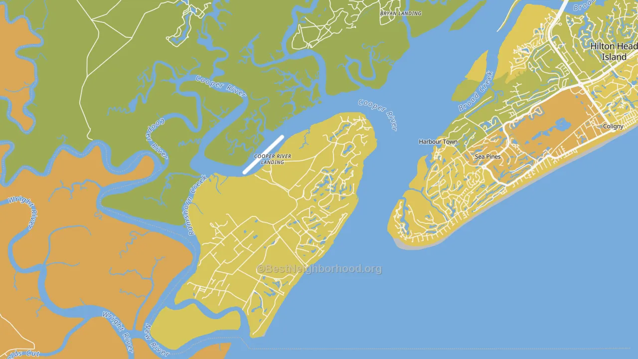 Map of the best neighborhoods in the Daufuskie Island area, with better matches in green and worse matches in red