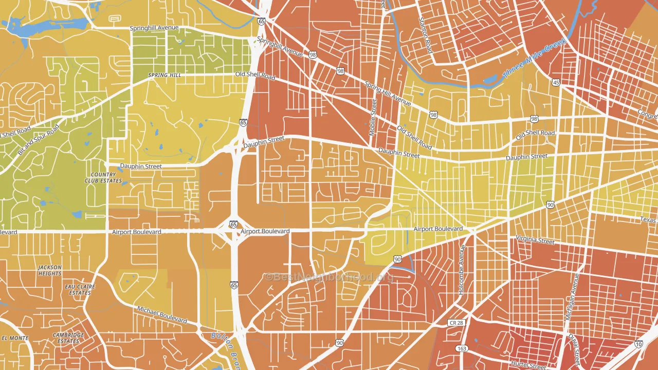 Map of the best neighborhoods in the Dauphin Acres, Mobile area, with better matches in green and worse matches in red