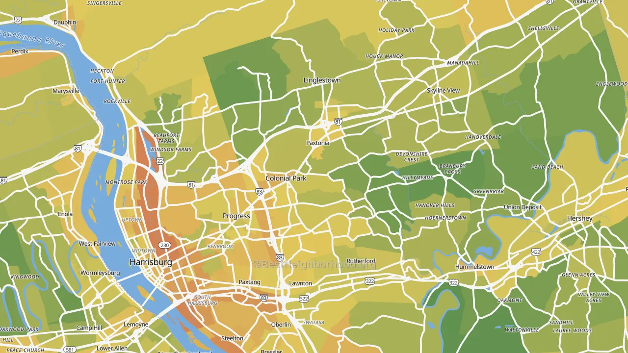 Map of the best neighborhoods in the Dauphin County area, with better matches in green and worse matches in red
