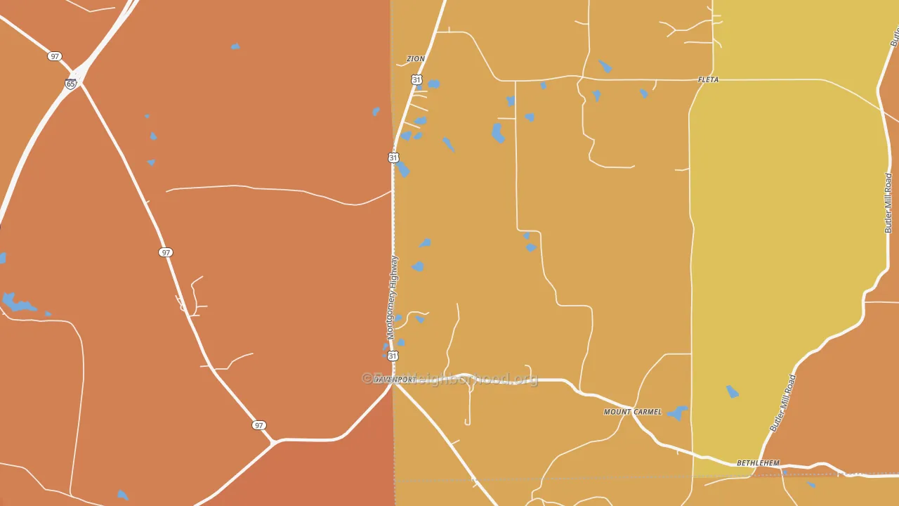 Map of the best neighborhoods in the Davenport area, with better matches in green and worse matches in red