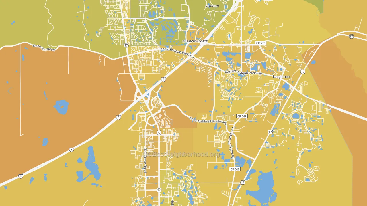 Map of the best neighborhoods in the Davenport area, with better matches in green and worse matches in red
