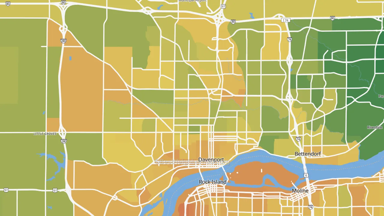 Map of the best neighborhoods in the Davenport Metro area, with better matches in green and worse matches in red