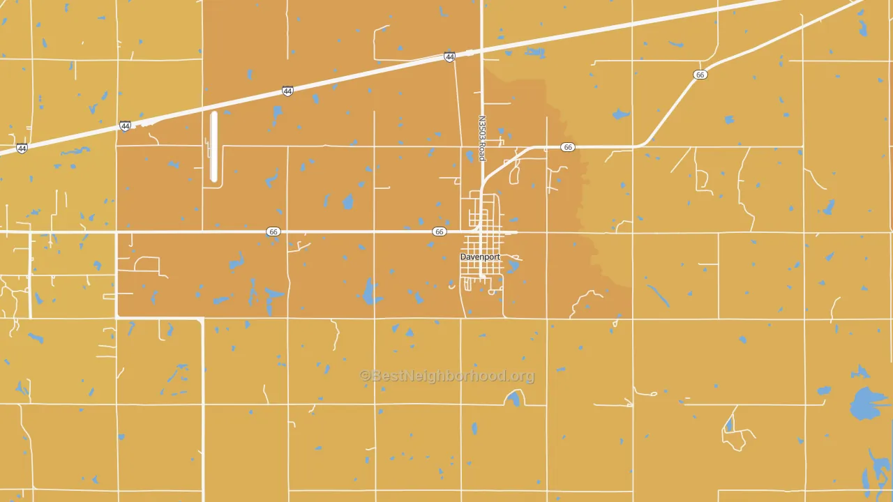 Map of the best neighborhoods in the Davenport area, with better matches in green and worse matches in red