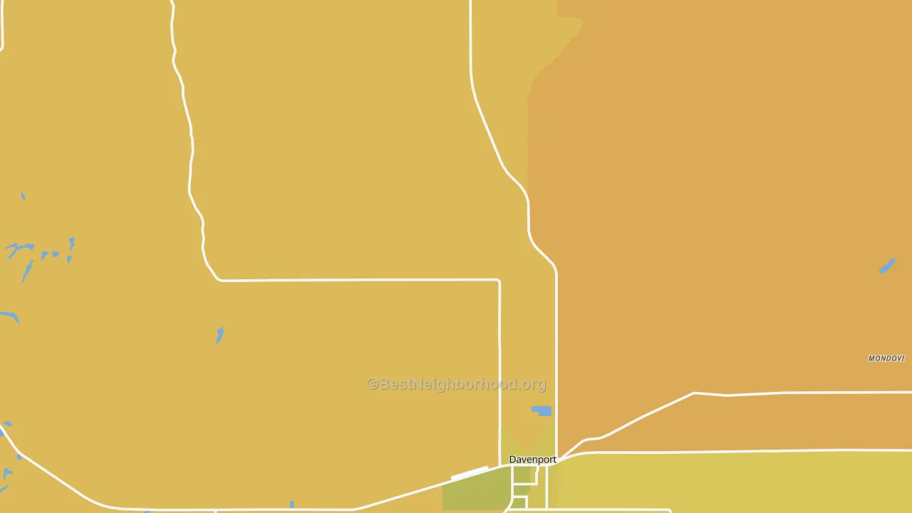 Map of the best neighborhoods in the Davenport area, with better matches in green and worse matches in red