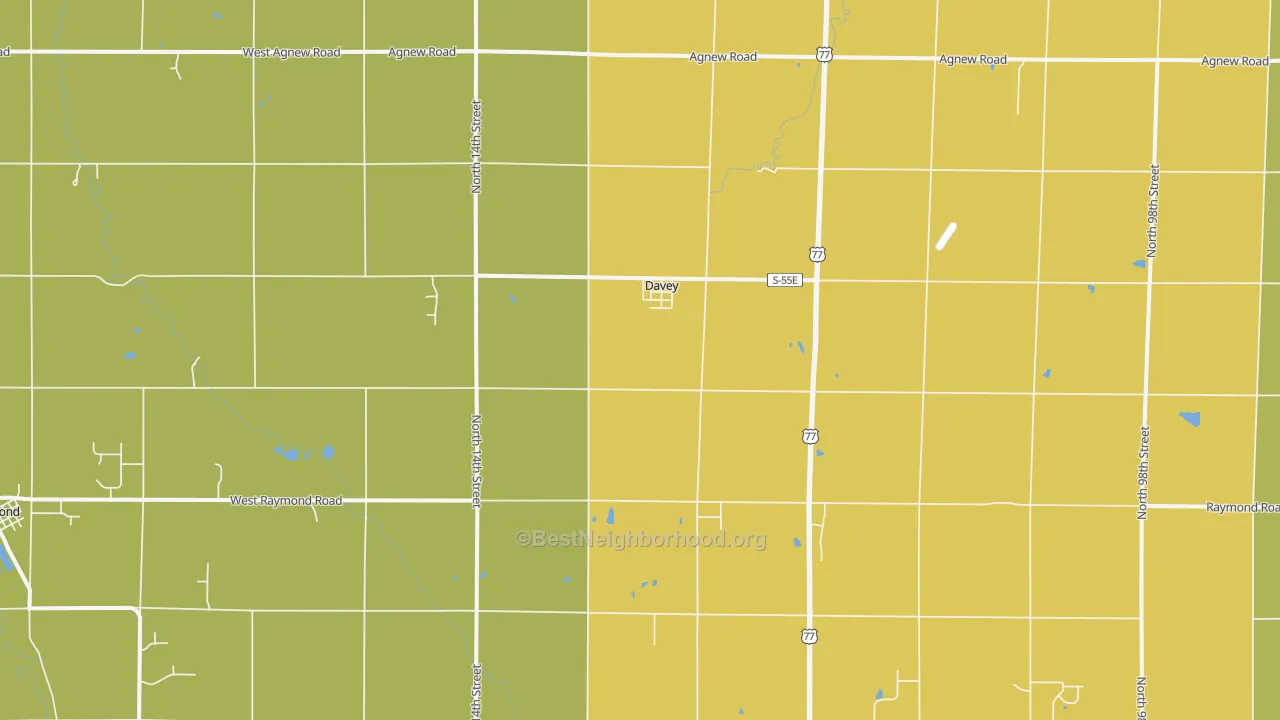 Map of the best neighborhoods in the Davey area, with better matches in green and worse matches in red