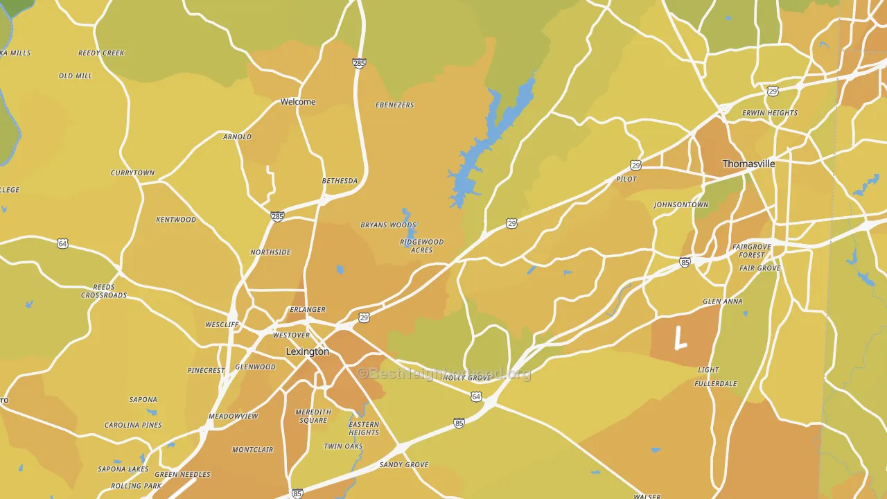 Map of the best neighborhoods in the Davidson County area, with better matches in green and worse matches in red