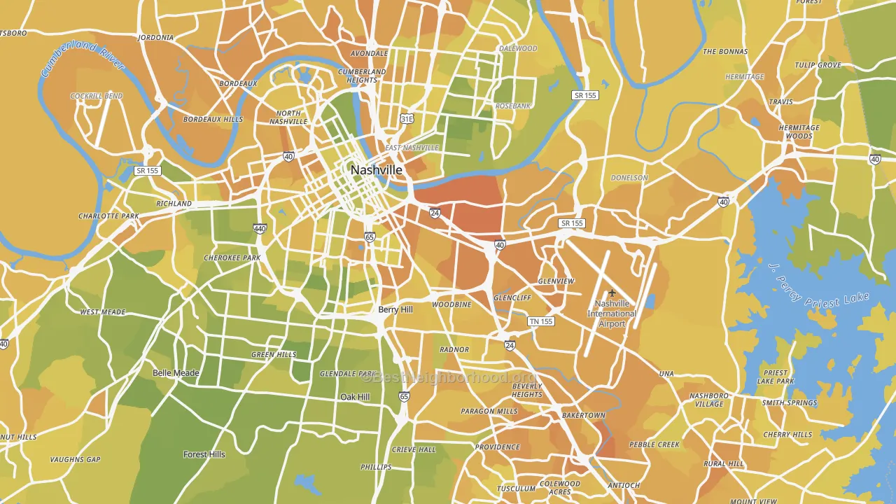 Map of the best neighborhoods in the Davidson County area, with better matches in green and worse matches in red