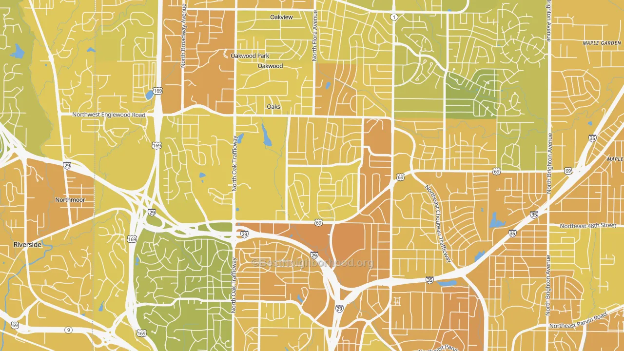 Map of the best neighborhoods in the Davidson, Kansas City area, with better matches in green and worse matches in red