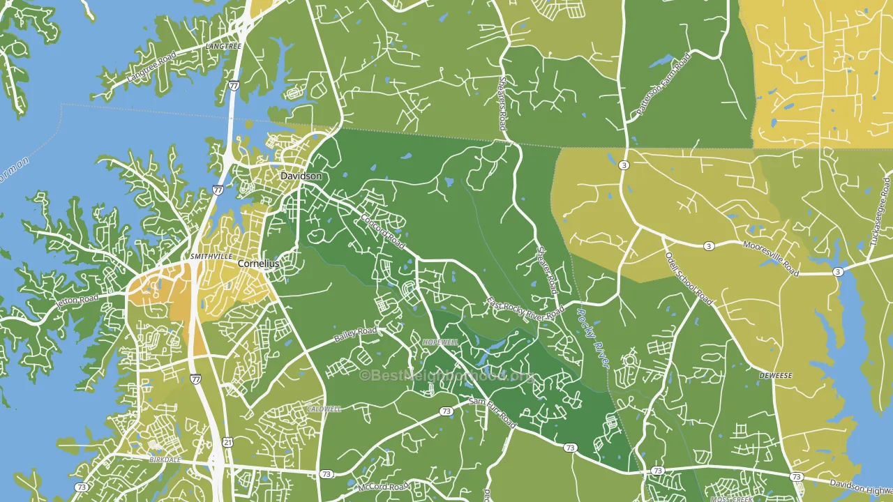 Map of the best neighborhoods in the Davidson area, with better matches in green and worse matches in red