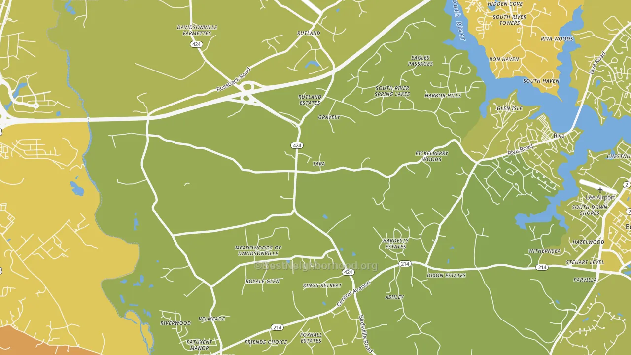 Map of the best neighborhoods in the Davidsonville area, with better matches in green and worse matches in red