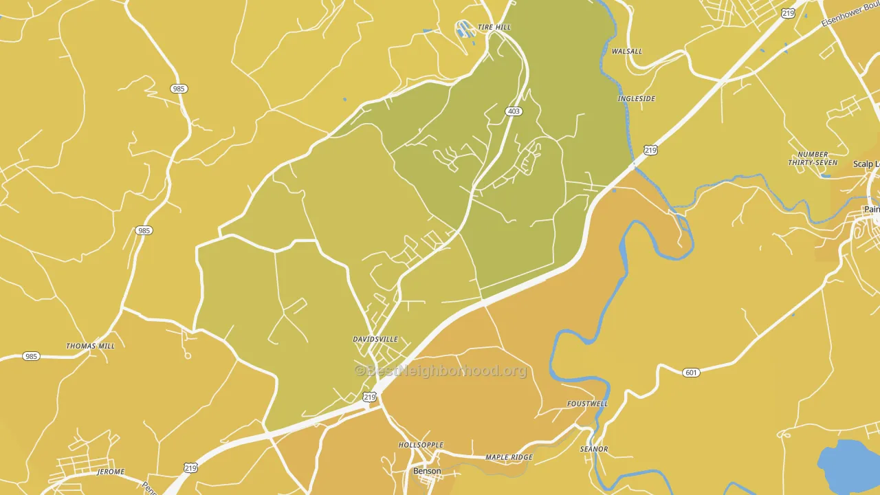 Map of the best neighborhoods in the Davidsville area, with better matches in green and worse matches in red