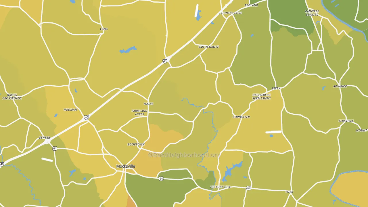Map of the best neighborhoods in the Davie County area, with better matches in green and worse matches in red