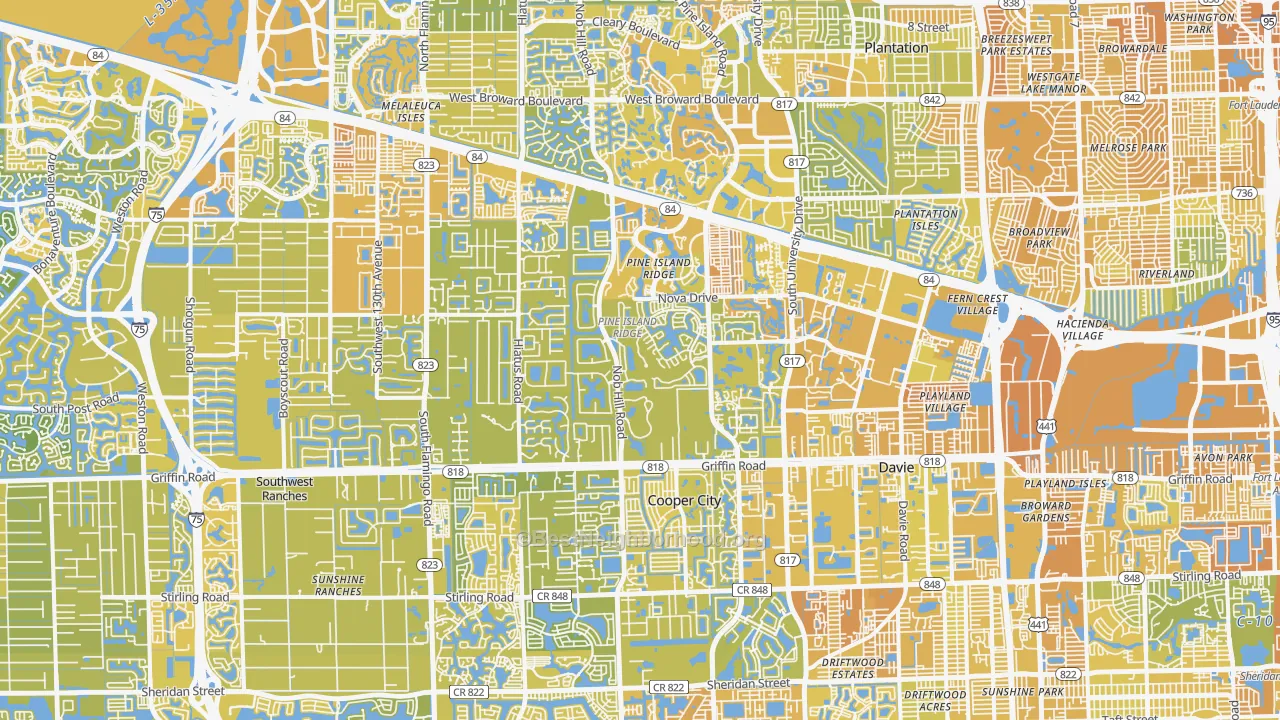 Map of the best neighborhoods in the Davie area, with better matches in green and worse matches in red