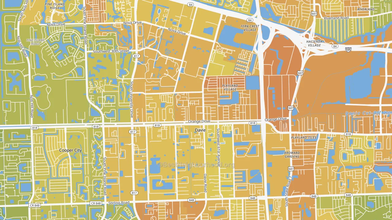 Map of the best neighborhoods in the Davie Heights, Davie area, with better matches in green and worse matches in red