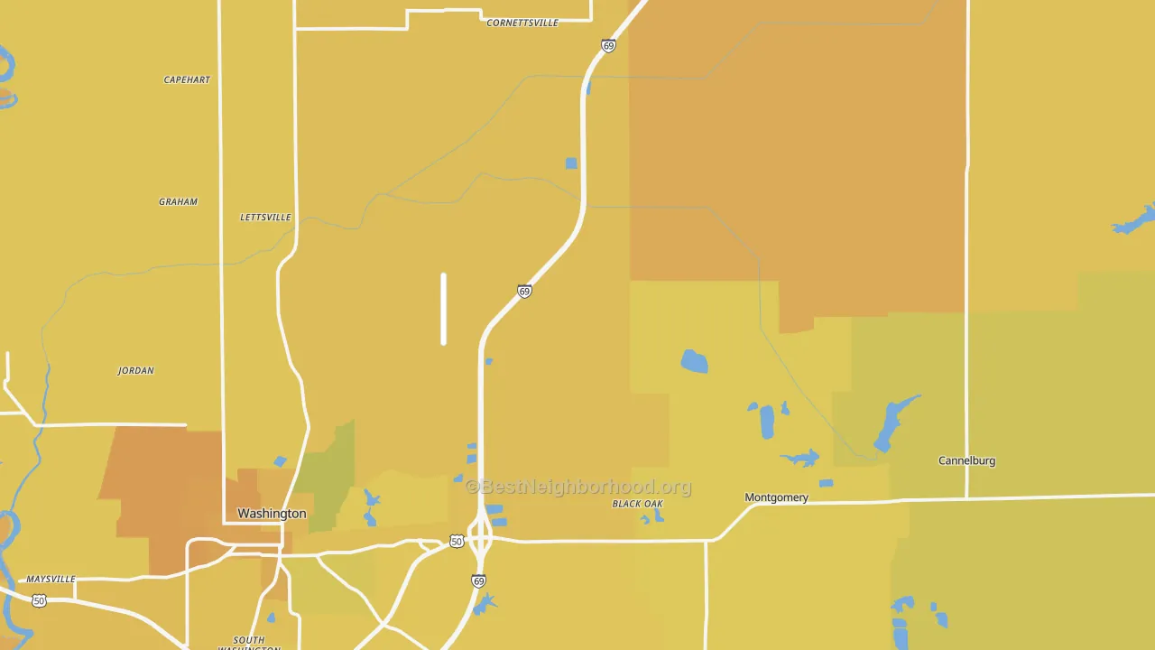 Map of the best neighborhoods in the Daviess County area, with better matches in green and worse matches in red