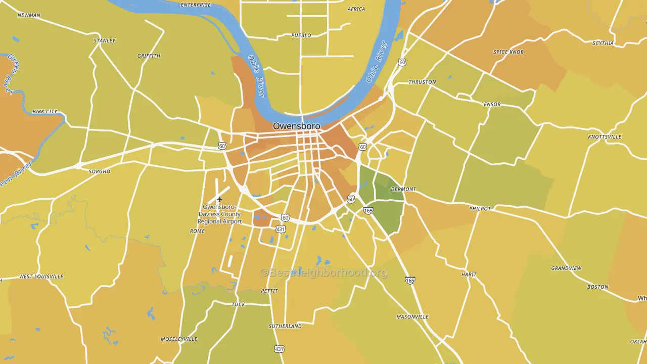 Map of the best neighborhoods in the Daviess County area, with better matches in green and worse matches in red