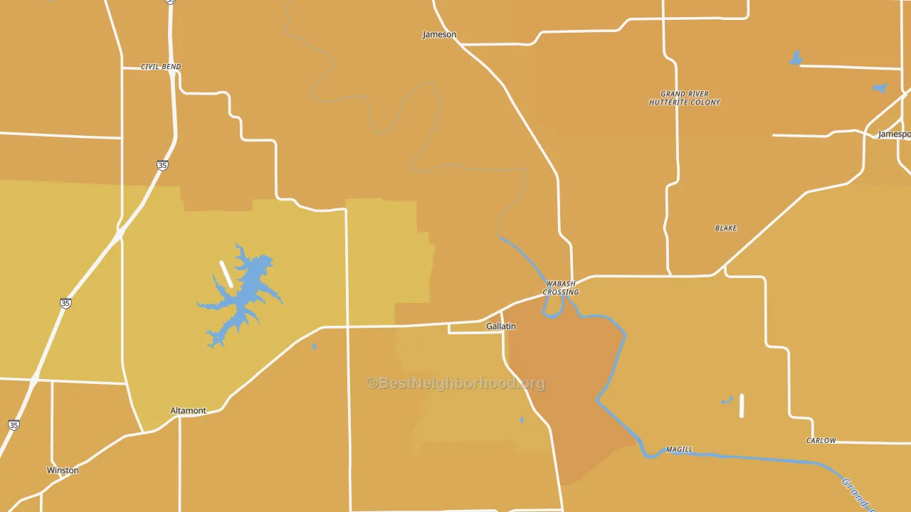 Map of the best neighborhoods in the Daviess County area, with better matches in green and worse matches in red