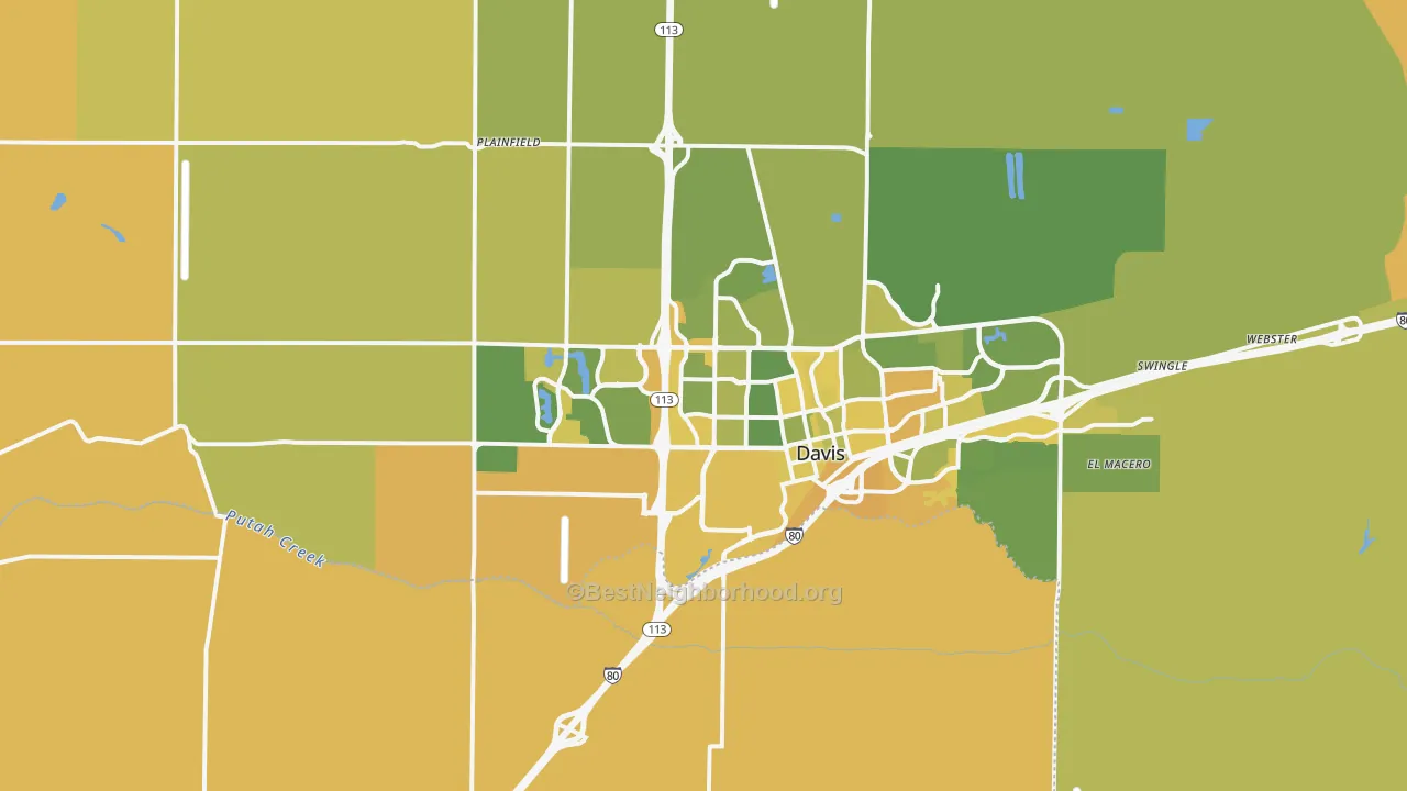 Map of the best neighborhoods in the Davis area, with better matches in green and worse matches in red