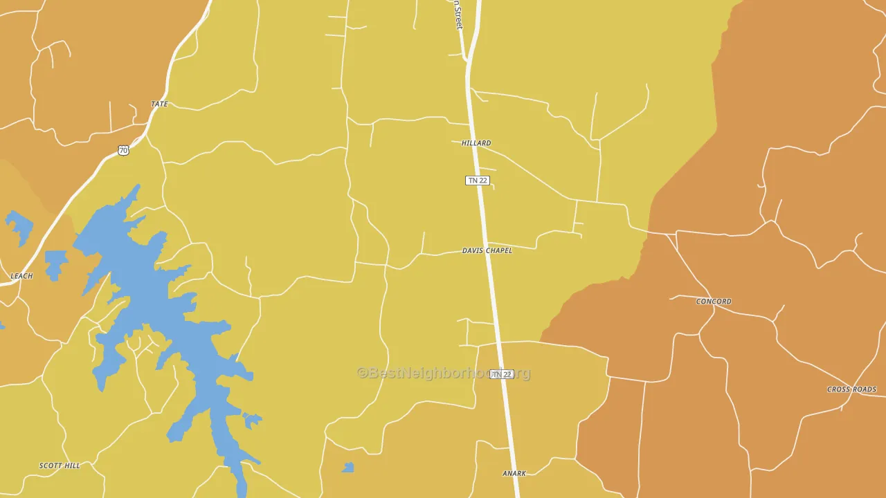 Map of the best neighborhoods in the Davis Chapel area, with better matches in green and worse matches in red