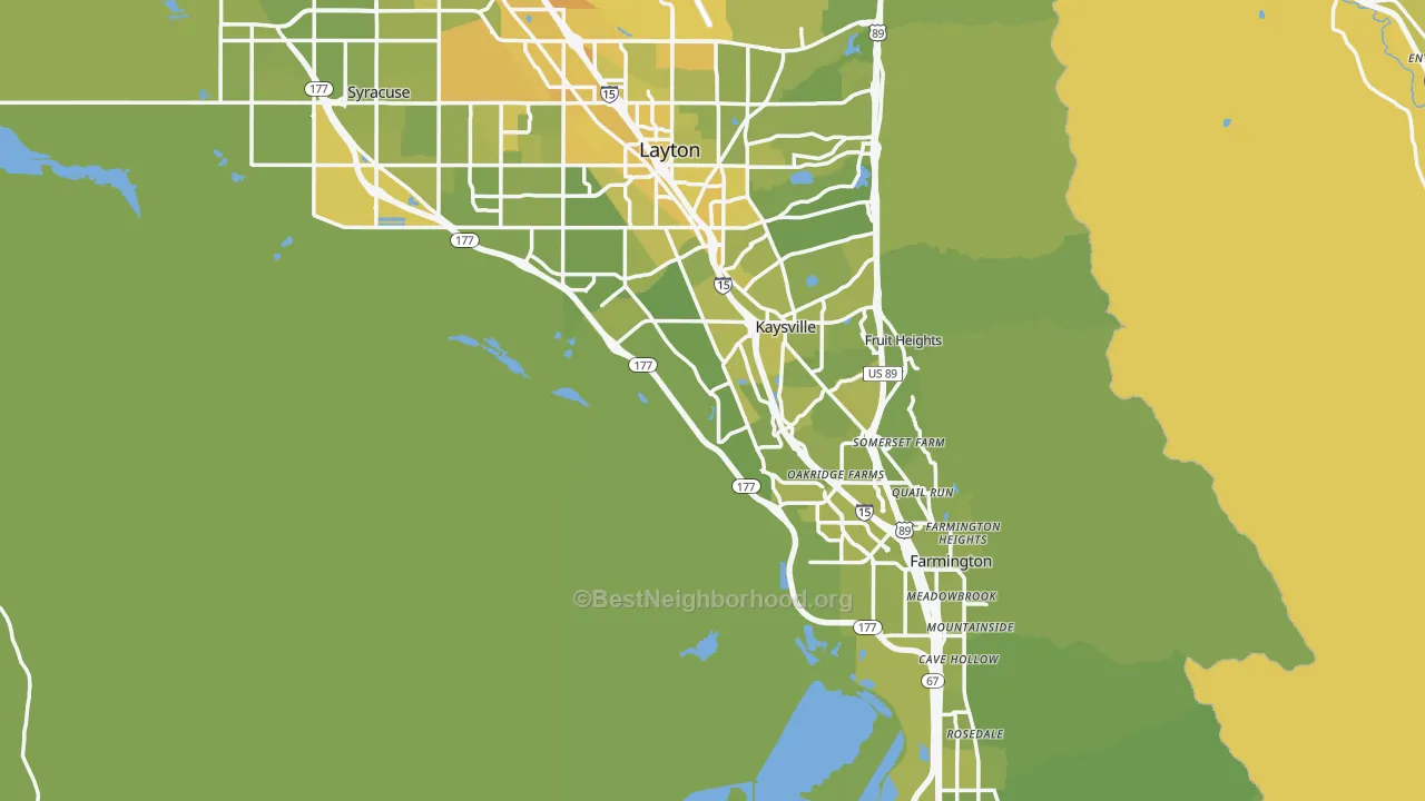 Map of the best neighborhoods in the Davis County area, with better matches in green and worse matches in red
