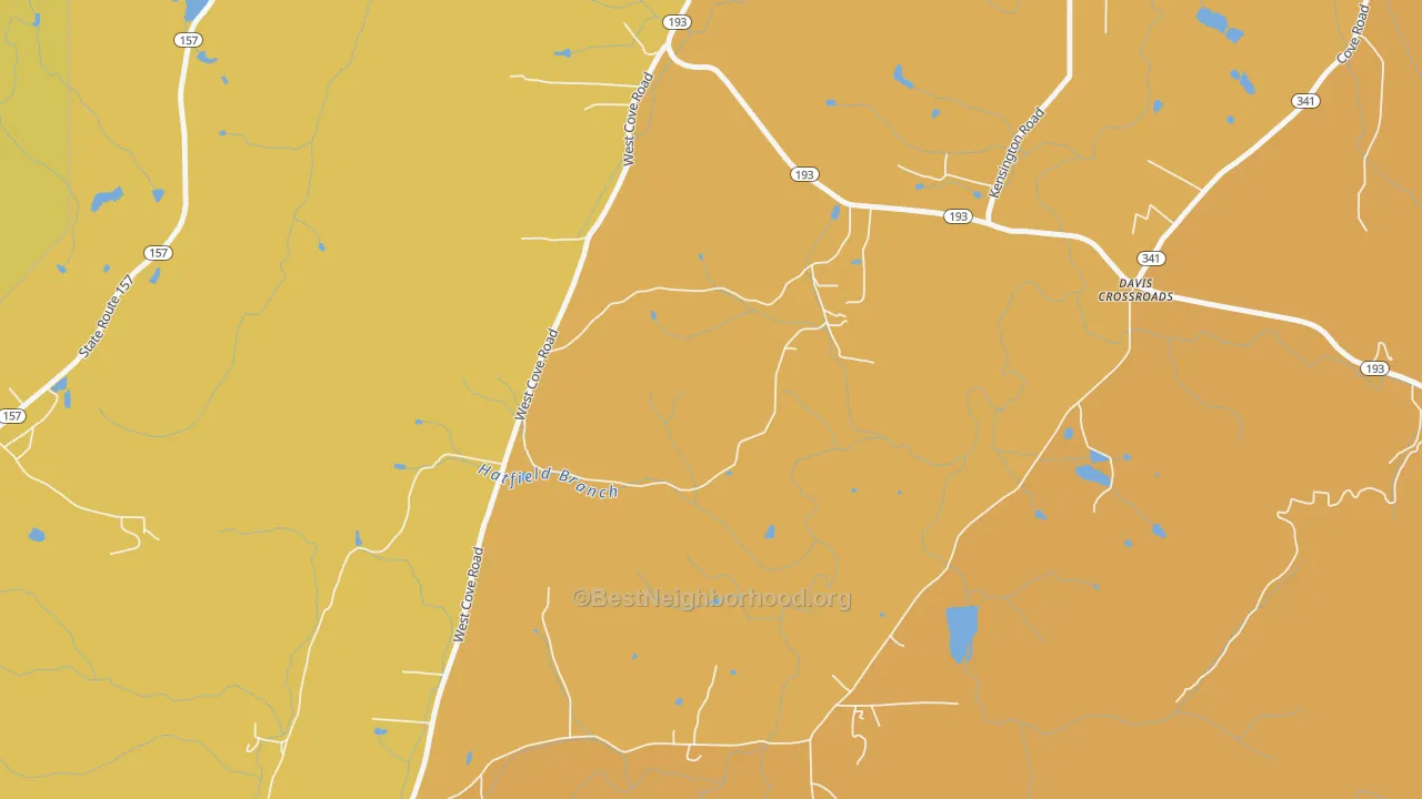 Map of the best neighborhoods in the Davis Crossroads area, with better matches in green and worse matches in red