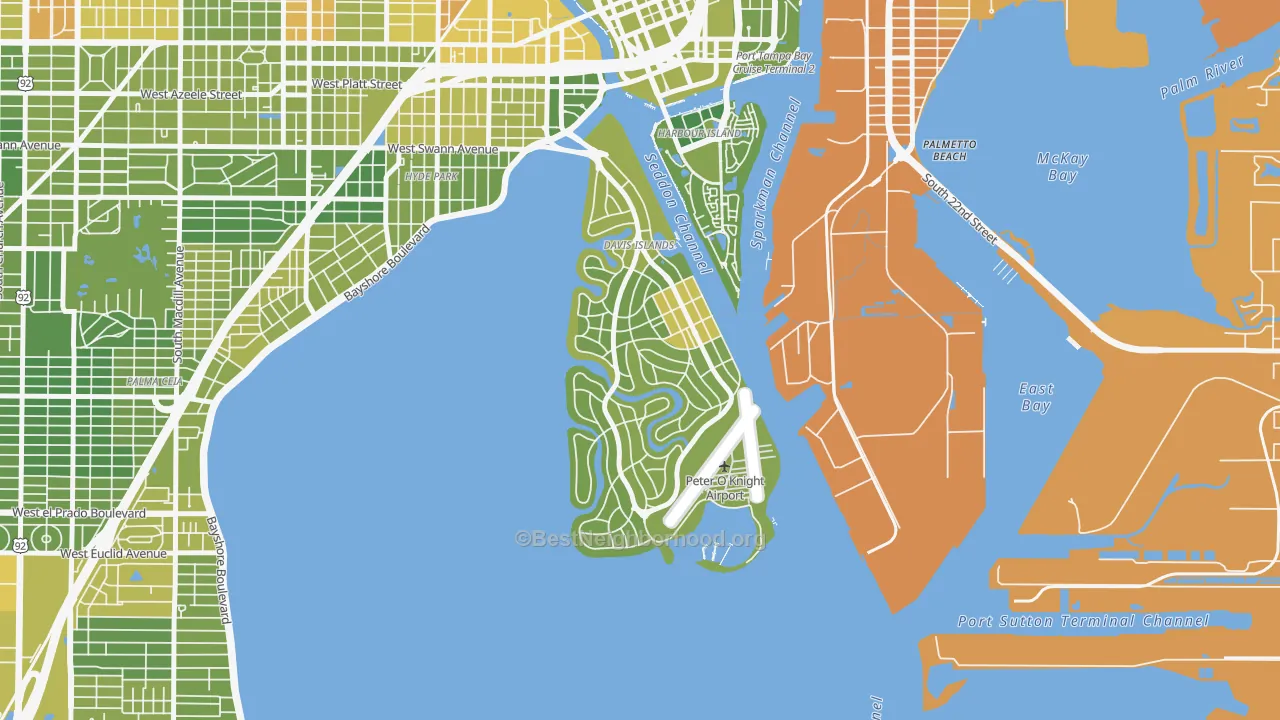 Map of the best neighborhoods in the Davis Island, Tampa area, with better matches in green and worse matches in red