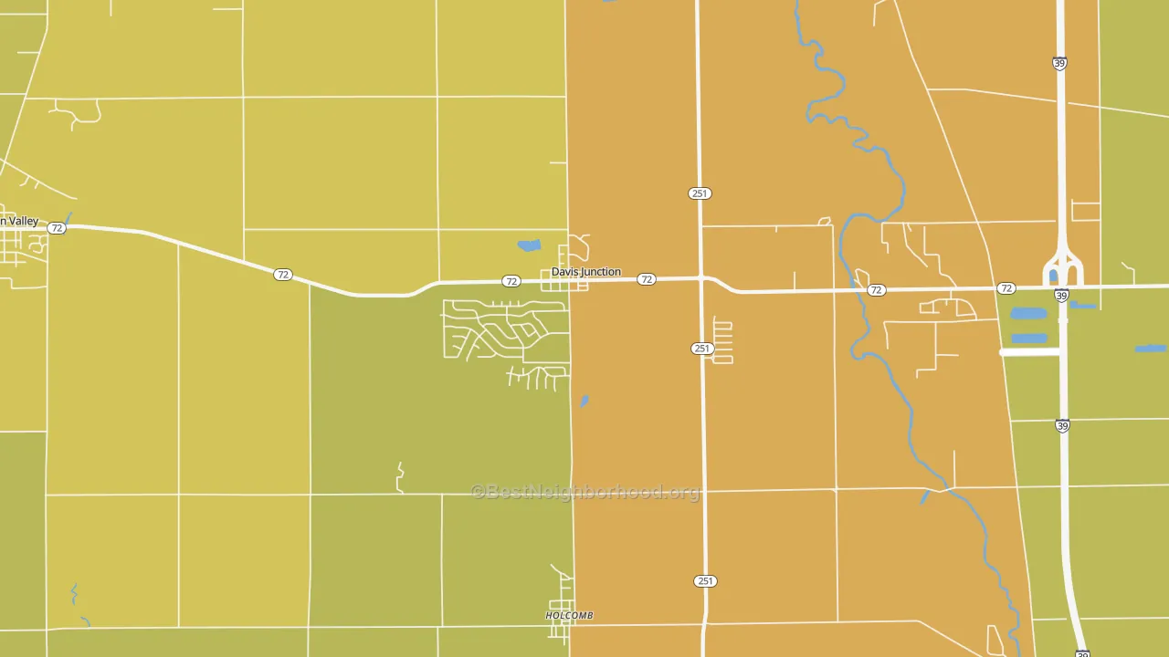 Map of the best neighborhoods in the Davis Junction area, with better matches in green and worse matches in red