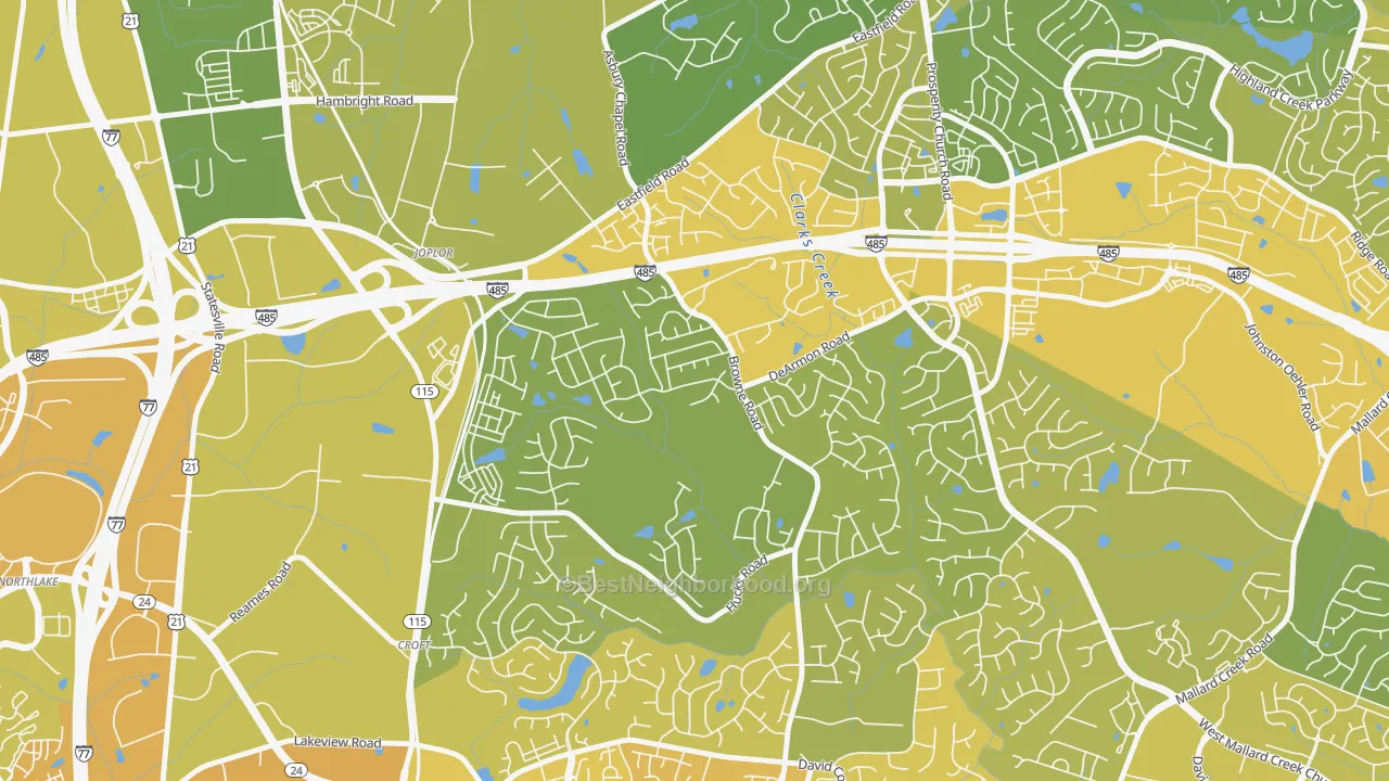 Map of the best neighborhoods in the Davis Lake-Eastfield, Charlotte area, with better matches in green and worse matches in red
