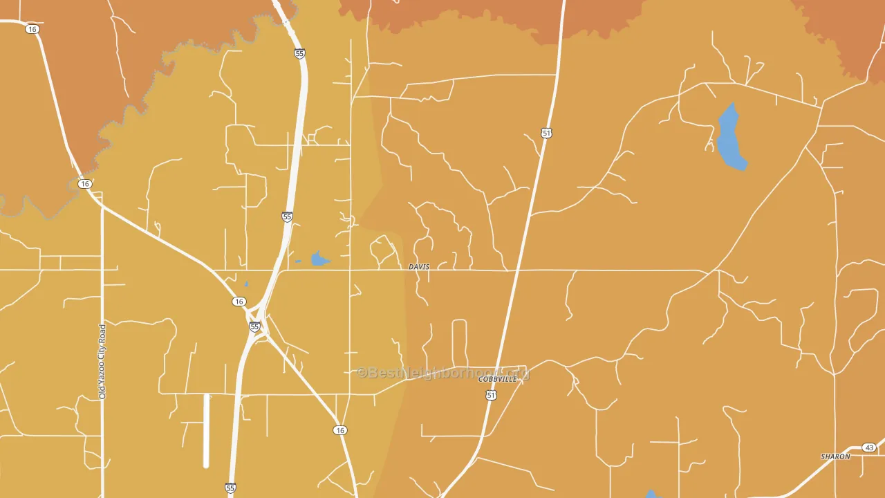 Map of the best neighborhoods in the Davis area, with better matches in green and worse matches in red