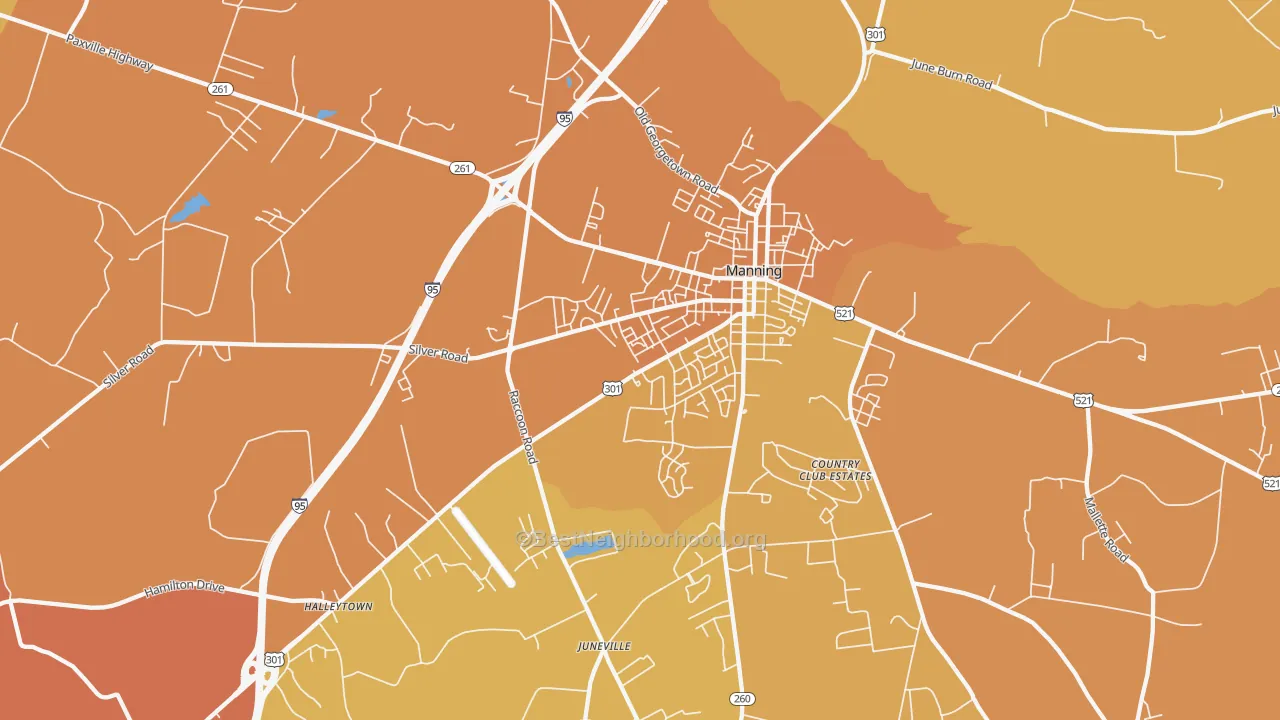 Map of the best neighborhoods in the Davis Station area, with better matches in green and worse matches in red