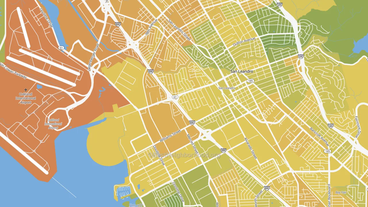 Map of the best neighborhoods in the Davis Tract, San Leandro area, with better matches in green and worse matches in red