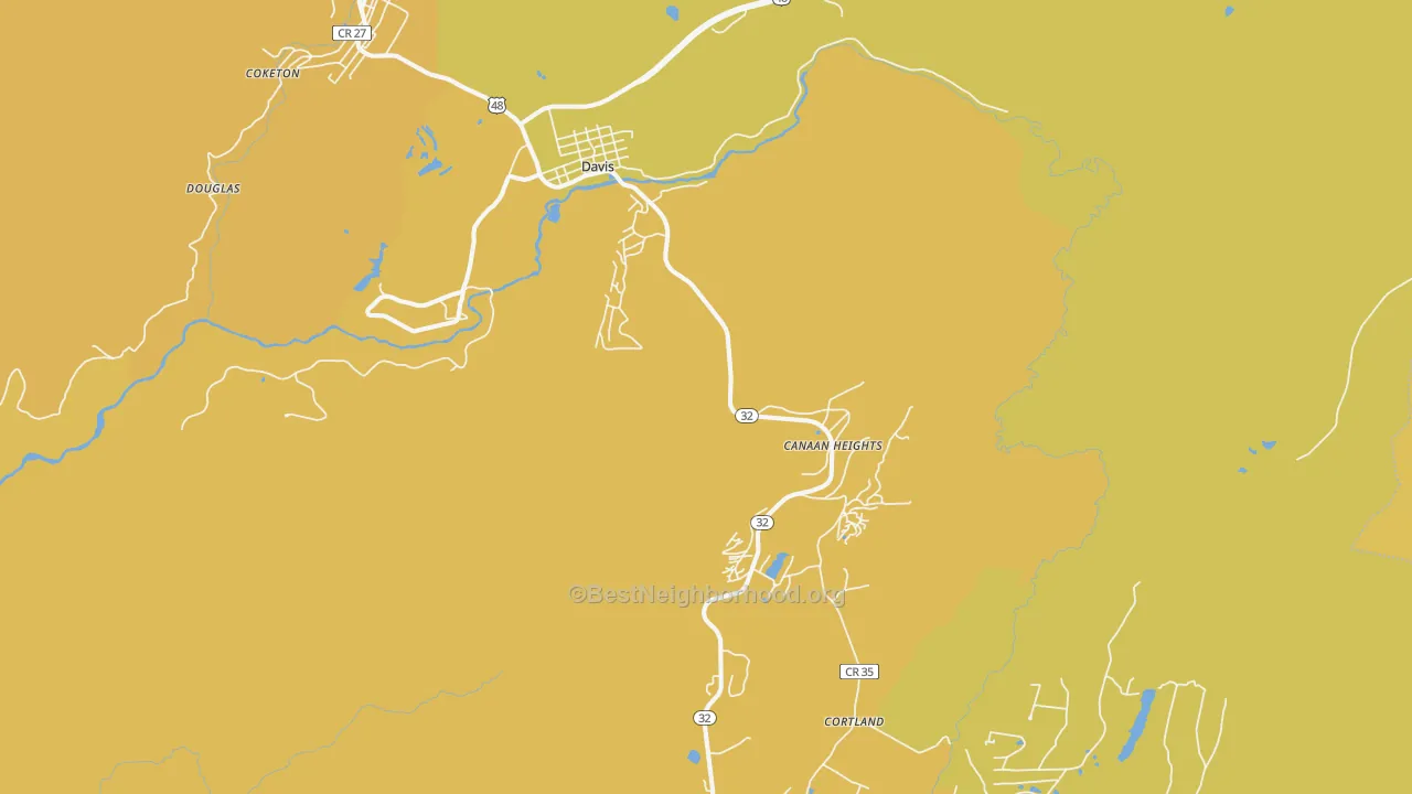 Map of the best neighborhoods in the Davis area, with better matches in green and worse matches in red