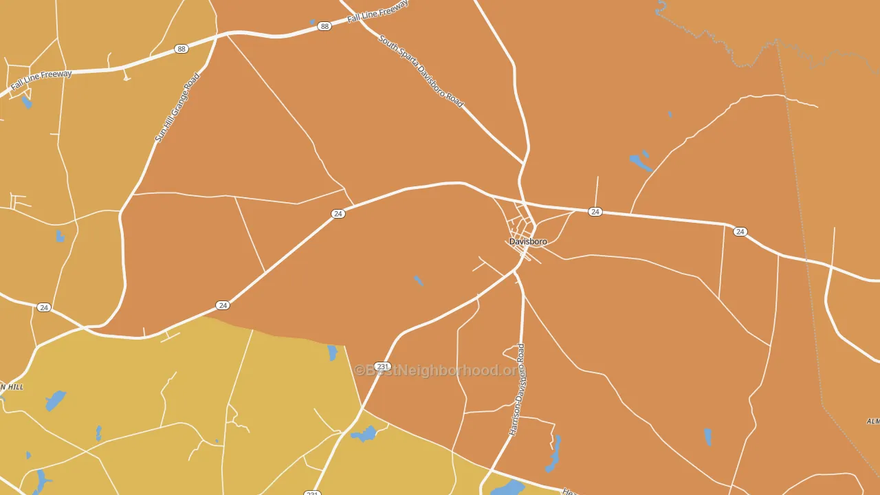 Map of the best neighborhoods in the Davisboro area, with better matches in green and worse matches in red