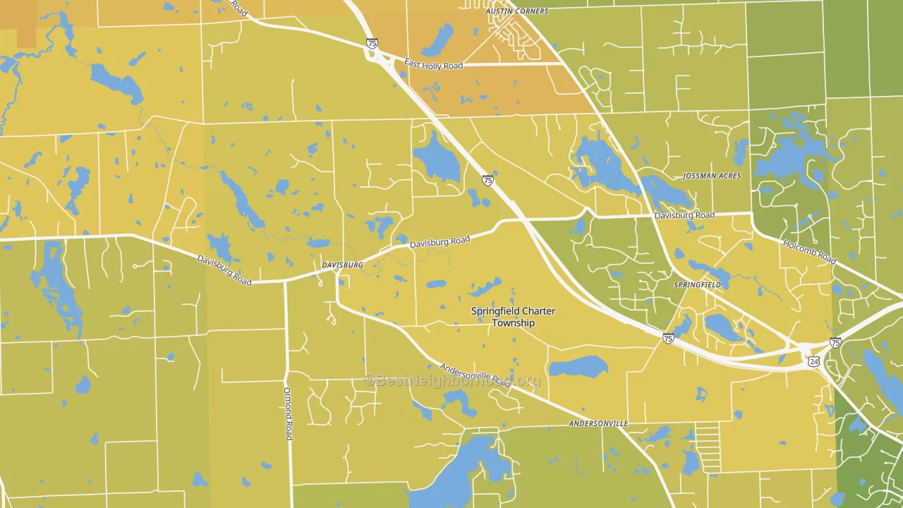 Map of the best neighborhoods in the Davisburg area, with better matches in green and worse matches in red