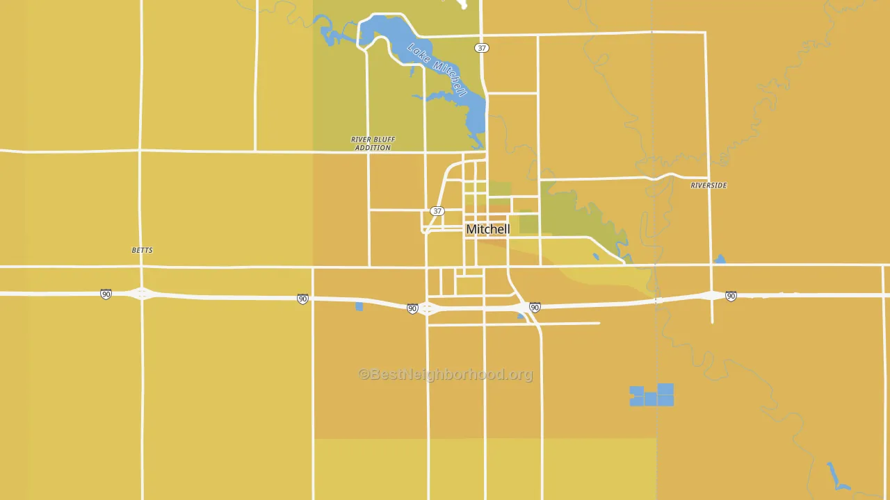 Map of the best neighborhoods in the Davison County area, with better matches in green and worse matches in red