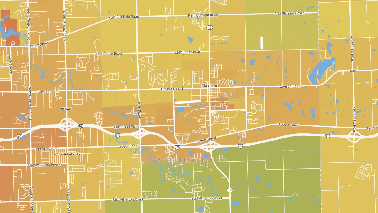 Map of the best neighborhoods in the Davison area, with better matches in green and worse matches in red