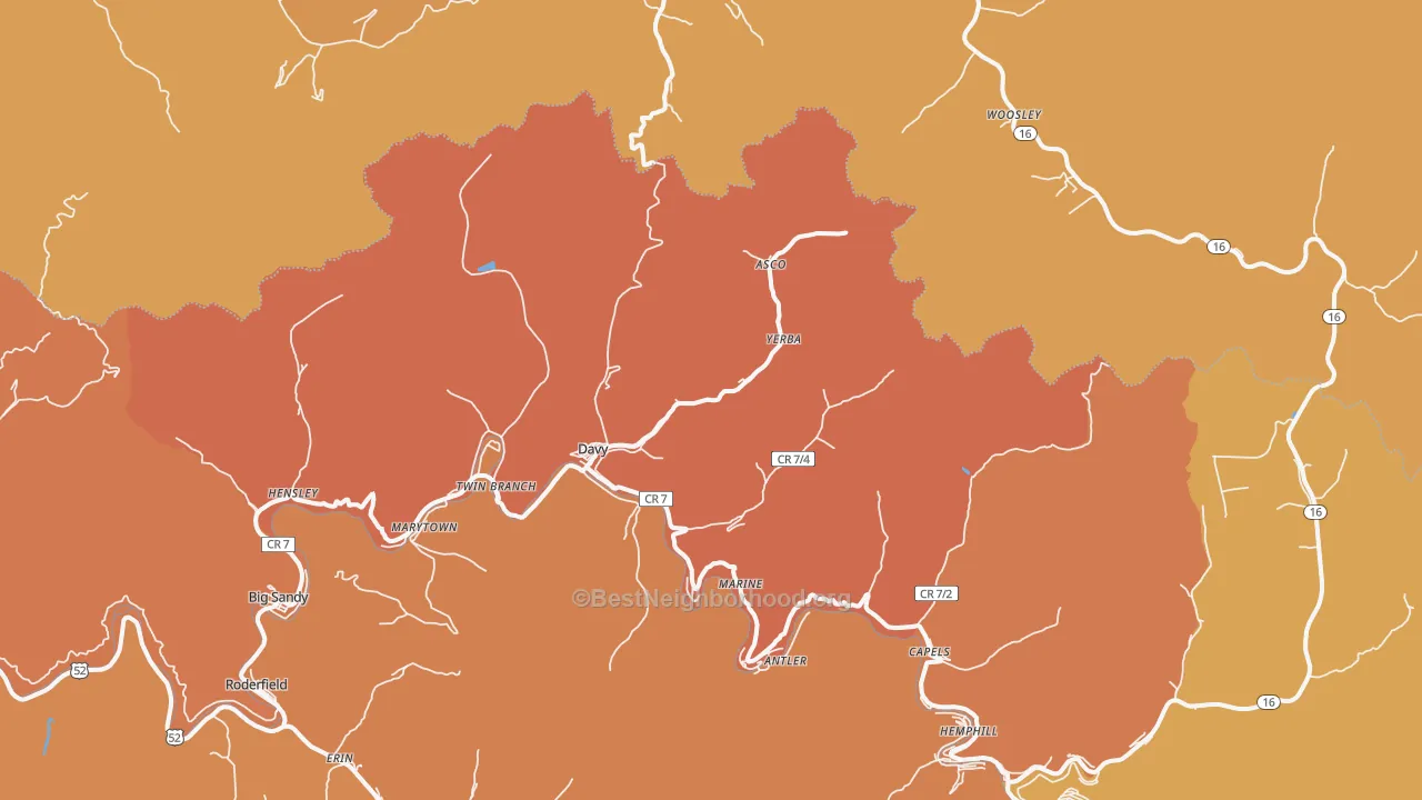 Map of the best neighborhoods in the Davy area, with better matches in green and worse matches in red