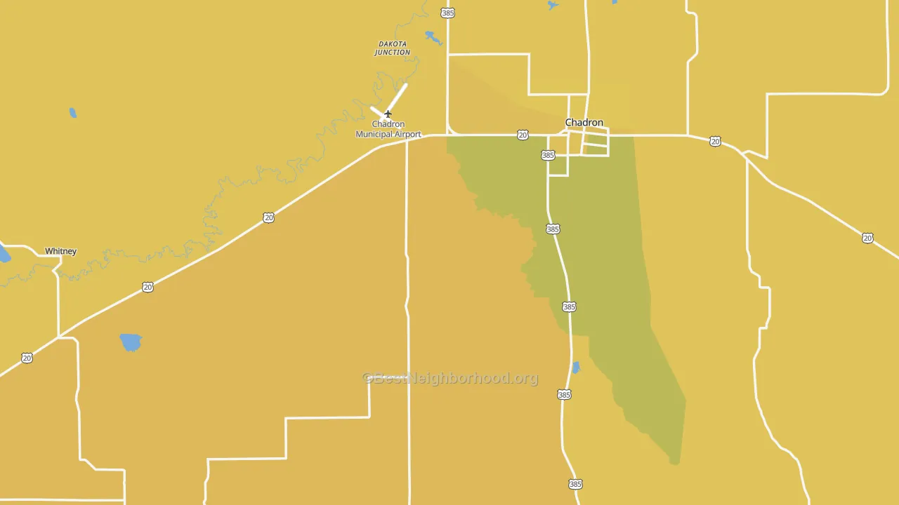Map of the best neighborhoods in the Dawes County area, with better matches in green and worse matches in red