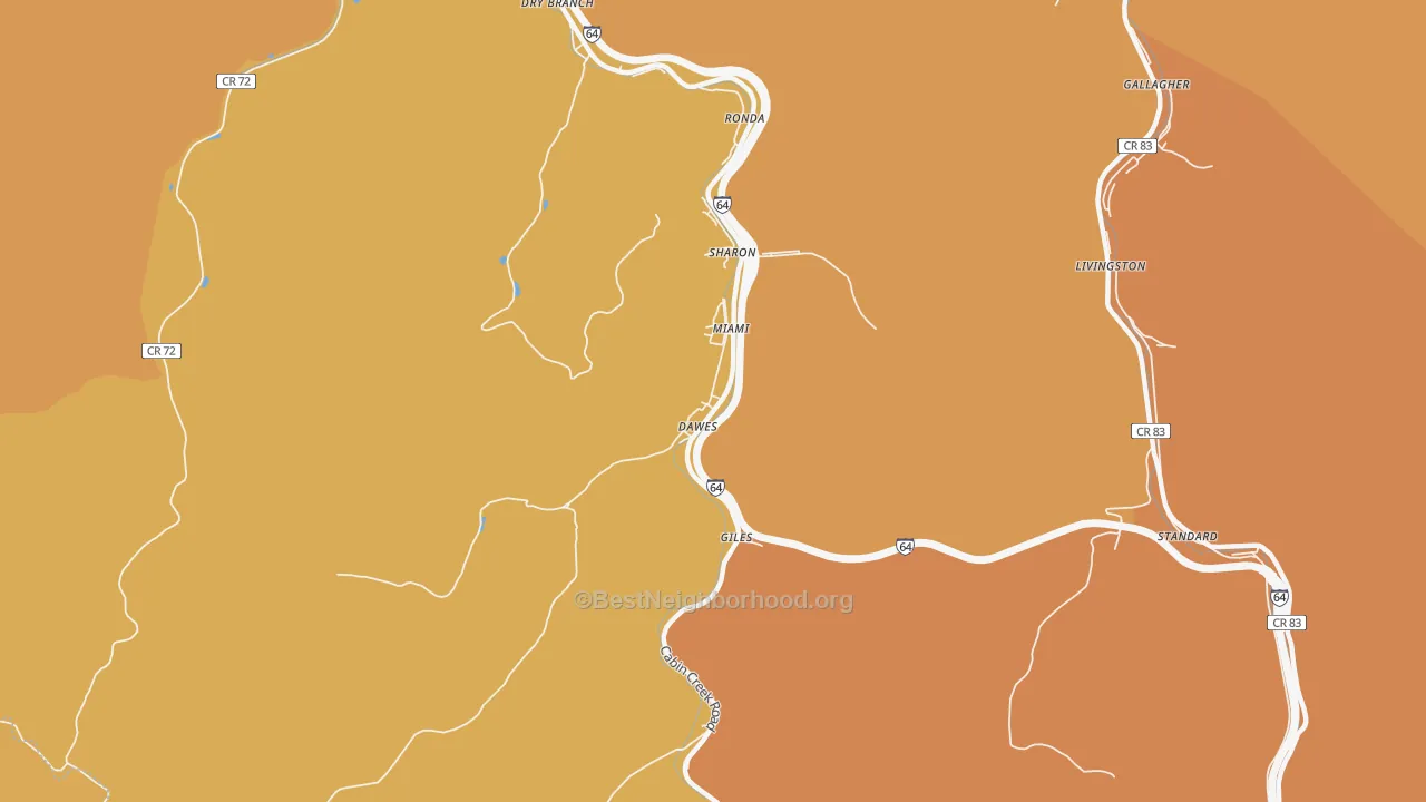 Map of the best neighborhoods in the Dawes area, with better matches in green and worse matches in red