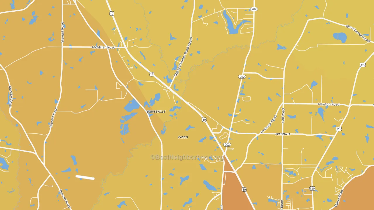 Map of the best neighborhoods in the Dawesville area, with better matches in green and worse matches in red